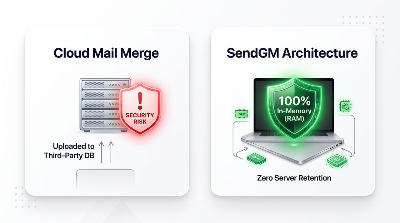 SendGM Zero-Data Privacy Architecture Diagram